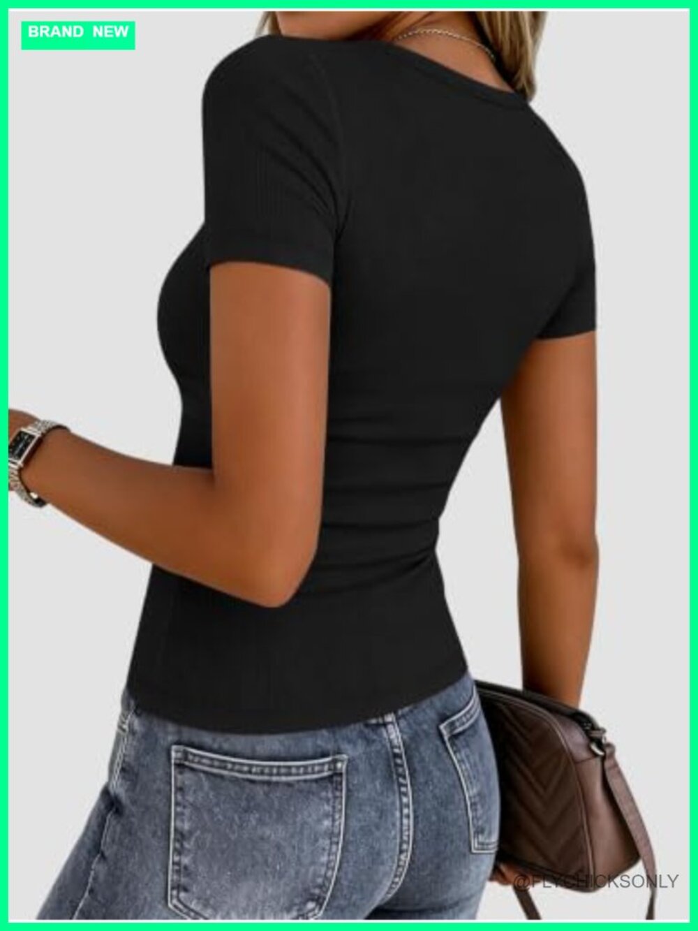 Ribbed Viscose Short Sleeve Crewneck T-Shirt Stretch Slim Fit Basic Top - Picture 5 of 6